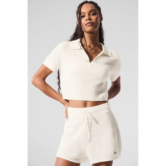 ALO Yoga Cashmere Plush Waffle Polo Tee in Ivory - Picture 2 of 4